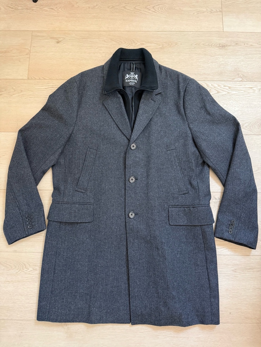 Express Men's Dark Gray Wool-Blend Layered Pea Coat Blazer Jacket Zip Button XL